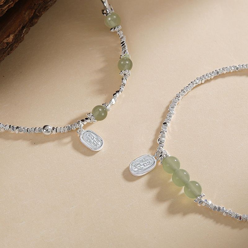 Beaded Anklet Chain - 925 ayar gümüş halhal yeşil yeşim