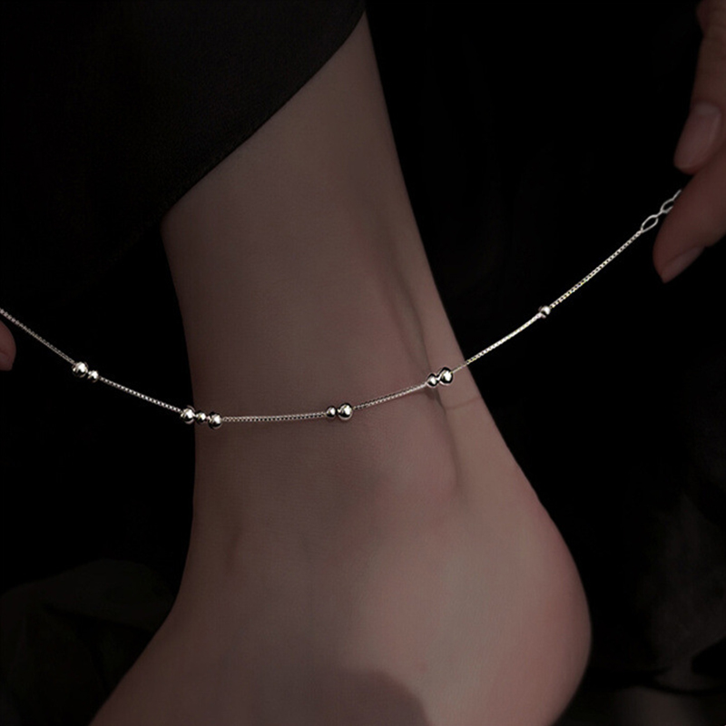Beaded Anklet Chain - 925 Ayar Gümüş Geometrik Yuvarlak Boncuk